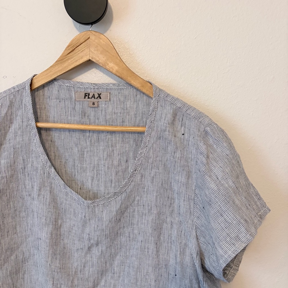 FLAX Linen Micro Stripe Top Short Sleeve Blue White Size S - Picture 2 of 6